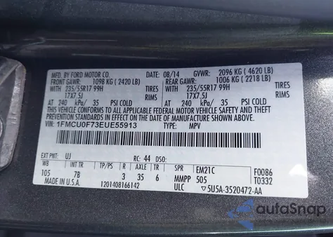 2014 Ford Escape S z USA, uszkodzony, nr VIN 1FMCU0F73EUE55913